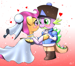 Size: 1903x1668 | Tagged: safe, artist:questionmarkdragon, imported from derpibooru, scootaloo, spike, dragon, pegasus, pony, blushing, clothes, dancing, dress, female, filly, foal, gradient background, hat, heart, holding hands, holding hooves, male, nutcracker, request, scootaspike, shipping, straight, the nutcracker, tomboy taming, wedding dress