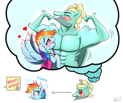 Size: 2015x1700 | Tagged: safe, artist:questionmarkdragon, imported from derpibooru, rainbow dash, zephyr breeze, pegasus, pony, blushing, clothes, daydream, denial, dress, drool, female, flexing, heart, heart eyes, imagine spot, implied fluttershy, male, mare, muscles, muscular male, offscreen character, open mouth, open smile, scared, shipping, simple background, smiling, stallion, straight, sweat, sweatdrop, thought bubble, tomboy taming, trembling, unrequited, wavy mouth, white background, wingding eyes, zephdash