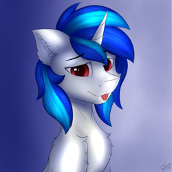 Size: 4616x4615 | Tagged: safe, artist:flapstune, imported from derpibooru, dj pon-3, vinyl scratch, pony, unicorn, chest fluff, ear fluff, fluffy, horn, male, record scrape, red eyes, rule 63, signature, simple background, stallion, tongue out