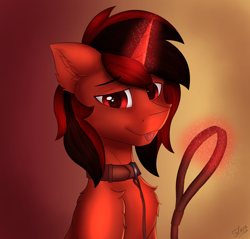 Size: 4880x4659 | Tagged: safe, alternate version, artist:flapstune, imported from derpibooru, oc, oc only, oc:flaps tune, pony, unicorn, chest fluff, ear fluff, fluffy, glowing, glowing horn, horn, leash, male, red eyes, rule 63, signature, simple background, stallion, tongue out