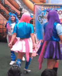 Size: 367x450 | Tagged: safe, imported from derpibooru, pinkie pie, rainbow dash, twilight sparkle, human, equestria girls, animated, boots, clothes, dancing, eqg el show en vivo, gif, irl, irl human, live action, panties, panty shot, photo, shoes, skirt, turning, underwear, upskirt, you know for kids