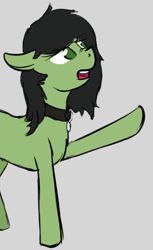 Size: 500x817 | Tagged: safe, artist:barhandar, imported from twibooru, oc, oc only, oc:filly anon, pony, chest fluff, collar, female, filly, floppy ears, gray background, image, looking at something, mare, open mouth, pet tag, png, raised leg, simple background