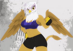 Size: 1280x892 | Tagged: safe, artist:q_wed, imported from twibooru, gilda, anthro, griffon, abs, beak, belly button, breasts, busty gilda, clothes, detailed background, digital art, female, fist, gloves, image, looking at you, muscles, muscular female, needs more jpeg, rippda, shorts, solo, sports bra, sports shorts, spread wings, tail, wings