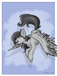 Size: 750x995 | Tagged: safe, artist:cheshchesh, imported from twibooru, oc, oc only, pegasus, pony, abstract background, eyes closed, female, flying, image, mare, needs more jpeg, open smile, solo, spread wings, wings