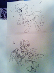 Size: 956x1280 | Tagged: safe, artist:cheshchesh, imported from twibooru, pinkie pie, rainbow dash, earth pony, pegasus, pony, clothes, female, flying, goggles, image, looking at you, mare, png, rearing, scarf, spread wings, traditional art, wings