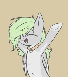 Size: 883x1000 | Tagged: safe, artist:cheshchesh, imported from twibooru, oc, oc only, oc:chesh, pegasus, semi-anthro, armpits, belly, bipedal, eyes closed, female, image, needs more jpeg, open smile, pale belly, raised leg, simple background, underhoof, yellow background