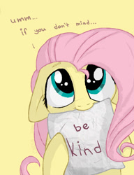 Size: 1000x1300 | Tagged: safe, artist:cheshchesh, imported from twibooru, fluttershy, pony, female, floppy ears, image, looking at you, mare, mouth hold, needs more jpeg, paper, sign, simple background, solo, yellow background