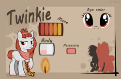 Size: 1280x833 | Tagged: safe, artist:cheshchesh, imported from twibooru, oc, oc:twinkie, pony, braid, brown background, commission, female, image, looking at you, mare, needs more jpeg, raised leg, reference sheet, show accurate, simple background, size difference