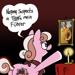 Size: 1024x1024 | Tagged: safe, artist:catfood-mcfly, imported from twibooru, oc, oc only, oc:aunt eva, adolf hitler, antifa, bust, candle, clothes, dialogue, english, fake cutie mark, gradient background, image, png, politics, portrait, scarf, sieg heil, solo