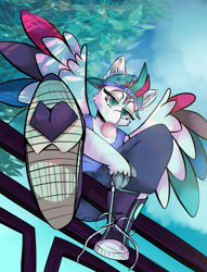 Size: 1280x1674 | Tagged: safe, artist:cozmicgalazy, imported from derpibooru, zipp storm, anthro, pegasus, backwards ballcap, baseball cap, bubblegum, cap, clothes, colored wings, converse, fanart, female, food, from below, g5, gum, hat, looking at you, multicolored wings, park, relaxing, shoes, sneakers, spread wings, tanktop, wings