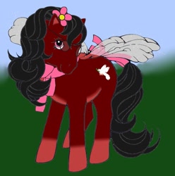 Size: 795x802 | Tagged: safe, artist:peacepetal, imported from derpibooru, oc, oc:peace petal, flutter pony, base used, bow, clothes, flower, flower in hair, g1, glasses, male, red and black oc, scarf, stallion, tail, tail bow