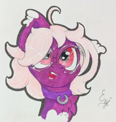 Size: 1386x1463 | Tagged: safe, artist:engi, imported from derpibooru, oc, oc only, oc:chocolate, bat pony, pony, collar, female, floppy ears, glasses, open mouth, simple background, solo, traditional art