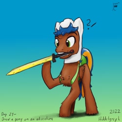 Size: 1000x1000 | Tagged: safe, artist:hiddelgreyk, imported from derpibooru, oc, oc only, pegasus, pony, adventure time, backpack, brown coat, chest fluff, clothes, concerned, cosplay, costume, finn the human, male, mouth hold, newbie artist training grounds, pegasus oc, simple background, solo, stallion, sword, weapon