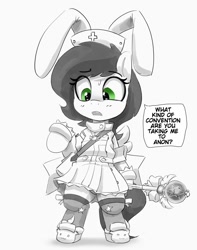 Size: 945x1200 | Tagged: safe, artist:pabbley, imported from derpibooru, oc, oc only, oc:filly anon, earth pony, pony, bipedal, bunny ears, clothes, cosplay, costume, female, filly, foal, grayscale, hat, magical girl, monochrome, nurse hat, partial color, simple background, solo, speech bubble, wand, white background