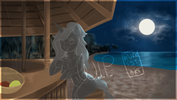 Size: 1919x1080 | Tagged: safe, artist:rumista, imported from derpibooru, oc, oc only, pony, beach, commission, moon, night, ocean, palm tree, solo, tree, water, wip, your character here