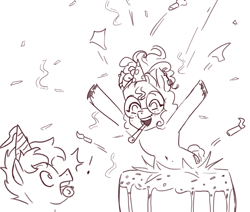 Size: 814x690 | Tagged: safe, artist:nire, imported from derpibooru, oc, oc:blue chewings, earth pony, pegasus, pony, birthday cake, cake, chew toy, confetti, duo, female, food, freckles, glasses, happy birthday, hat, male, mare, monochrome, mouth hold, party hat, party horn, popping out of a cake, simple background, stallion, white background