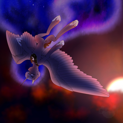 Size: 2000x2000 | Tagged: safe, artist:digitaldrawingmachine, imported from derpibooru, princess luna, alicorn, pony, cloud, ethereal mane, eyes closed, flying, galaxy, galaxy mane, jewelry, night, sky, solo, sunset, twilight (astronomy)