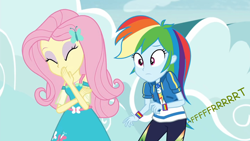 Size: 960x540 | Tagged: safe, artist:thedarkpony, edit, edited screencap, imported from derpibooru, screencap, fluttershy, rainbow dash, human, equestria girls, equestria girls series, rollercoaster of friendship, clothes, fart, fart edit, fart noise, female, onomatopoeia, pants, sound effects