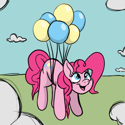 Size: 2145x2145 | Tagged: safe, artist:doodledonutart, imported from derpibooru, pinkie pie, earth pony, pony, adventure, atg 2022, balloon, cloud, female, floating, high res, looking up, mare, newbie artist training grounds, open mouth, open smile, smiling, solo, then watch her balloons lift her up to the sky