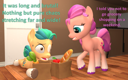 Size: 1718x1080 | Tagged: safe, artist:red4567, imported from derpibooru, hitch trailblazer, sunny starscout, earth pony, pony, 3d, apple, atg 2022, bag, baguette, blaze (coat marking), bread, carrot, coat markings, dialogue, duo, duo male and female, facial markings, female, food, g4, g5, g5 to g4, generation leap, groceries, herbivore, male, mare, newbie artist training grounds, paper bag, socks (coat markings), source filmmaker, stallion, unshorn fetlocks