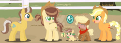 Size: 1280x462 | Tagged: safe, artist:selenaede, artist:strawberry-spritz, artist:teafor2-d, imported from derpibooru, applejack, caramel, oc, oc:caramel stick, oc:johnny apple, oc:sweet apple, earth pony, pony, alternate hairstyle, baby, baby pony, base used, carajack, colt, cowboy hat, deviantart watermark, family, female, filly, foal, hat, male, mare, obtrusive watermark, offspring, parent:applejack, parent:caramel, parents:carajack, shipping, stallion, straight, watermark