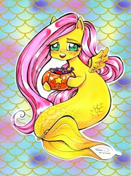 Size: 2005x2691 | Tagged: safe, artist:nanako87, imported from derpibooru, fluttershy, hybrid, mermaid, merpony, pegasus, seapony (g4), abstract background, blushing, candy, cute, daaaaaaaaaaaw, female, food, halloween, holiday, hoof hold, lidded eyes, looking at you, mare, open mouth, pumpkin bucket, seaponified, seapony fluttershy, shyabetes, signature, smiling, smiling at you, solo, species swap, wings