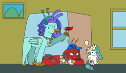 Size: 3224x1871 | Tagged: safe, artist:supahdonarudo, imported from derpibooru, princess celestia, oc, oc only, oc:ironyoshi, oc:sea lilly, classical hippogriff, hippogriff, pony, unicorn, atg 2022, camera, clothes, door, exhausted, flag, hat, headband, holding, jewelry, lying down, necklace, newbie artist training grounds, plushie, pony plushie, prone, shirt, tired, window