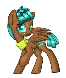 Size: 2200x2600 | Tagged: safe, artist:dumbwoofer, imported from derpibooru, spur, pegasus, bandana, female, filly, foal, freckles, looking at you, raised hoof, simple background, smiling, smiling at you, solo, spread wings, transparent background, wings