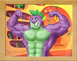 Size: 1000x790 | Tagged: safe, artist:aprion, imported from derpibooru, spike, dragon, abs, armpits, beefspike, flexing, golden oaks library, male, manly as fuck, manly spike, muscles, muscular male, older, older spike, solo