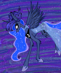 Size: 1600x1920 | Tagged: safe, artist:redbunnytea, imported from derpibooru, princess luna, alicorn, pony, 2020, cloak, clothes, ethereal mane, ethereal tail, female, flying, hat, hoof shoes, leg fluff, mare, princess shoes, skinny, slim, solo, spread wings, tail, white eyes, wings, witch hat