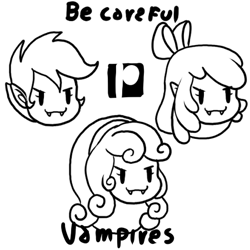 Size: 450x450 | Tagged: safe, artist:the-butch-x, imported from derpibooru, apple bloom, scootaloo, sweetie belle, human, undead, vampire, equestria girls, apple bloom's bow, black and white, bow, cutie mark crusaders, fangs, female, grayscale, hair bow, monochrome, patreon, patreon logo, sharp teeth, smiling, teeth, trio, trio female