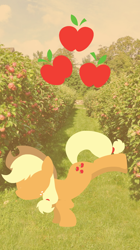 Size: 640x1140 | Tagged: safe, artist:thunder-blur, imported from derpibooru, applejack, earth pony, pony, 2018, apple orchard, applejack's hat, cowboy hat, cutie mark background, hat, orchard