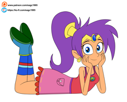 Size: 2745x2193 | Tagged: safe, artist:eagc7, imported from derpibooru, genie, human, equestria girls, legend of everfree, bare shoulders, camp everfree outfits, clothes, ear piercing, earring, equestria girls-ified, female, hands on cheeks, jewelry, looking at you, lying down, piercing, shantae, shantae (character), shoes, simple background, skirt, sleeveless, socks, solo, tanktop, white background