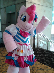 Size: 1920x2560 | Tagged: safe, artist:brinycosplay, imported from derpibooru, pinkie pie, human, bronycon, bronycon 2014, clothes, costume, dress, fursuit, gala dress, irl, irl human, photo