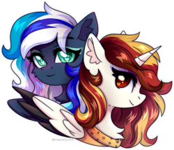 Size: 2322x1999 | Tagged: safe, artist:fluffywhirlpool, imported from derpibooru, oc, oc only, oc:flaming dune, oc:morningstar darkwater, alicorn, pegasus, pony, alicorn oc, bust, chest fluff, eyeshadow, female, gradient eyes, green eyes, horn, looking at someone, looking at you, makeup, mare, multicolored mane, pegasus oc, portrait, red eyes, red mane, simple background, smiling, white background, wings