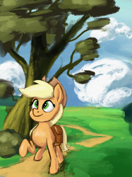 Size: 2048x2732 | Tagged: safe, artist:phutashi, imported from derpibooru, applejack, earth pony, pony, atg 2022, female, looking up, mare, newbie artist training grounds, raised hoof, road, smiling, tree, walking