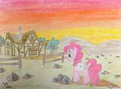 Size: 3746x2746 | Tagged: safe, artist:opti, imported from derpibooru, pinkie pie, pony, atg 2022, bag, butt, fence, hill, house, newbie artist training grounds, plot, rock, rock farm, saddle bag, sunset, traditional art, tree