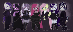 Size: 3368x1480 | Tagged: safe, artist:cosmiccrayons, artist:cosmiiccrayons, imported from derpibooru, fluttershy, funnel web, inky rose, izzy moonbow, moonlight raven, pinkie pie, snow hope, anthro, earth pony, pegasus, unicorn, boots, choker, clothes, ear piercing, earring, eyebrow piercing, eyeshadow, female, fishnets, fluttergoth, g5, gem, goth, goth izzy, hand on hip, horn, jewelry, lidded eyes, looking at each other, looking at someone, makeup, male, mare, necklace, one eye closed, piercing, pinkamena diane pie, shoes, skirt, spiked choker, stallion, tongue piercing, wings, wink