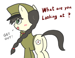 Size: 1213x951 | Tagged: safe, artist:foxy1219, imported from derpibooru, oc, oc only, oc:mokran, pony, blushing, braid, butt, clothes, female, military uniform, nation ponies, north korea, plot, ponified, simple background, solo, tsundere, uniform, white background