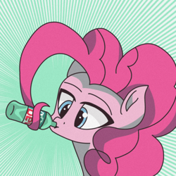 Size: 2000x2000 | Tagged: safe, artist:artevi, imported from derpibooru, pinkie pie, earth pony, pony, atg 2022, bottle, drink, drinking, mountain dew, newbie artist training grounds, prehensile mane, soda, solo