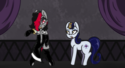 Size: 2000x1093 | Tagged: safe, artist:lazerblues, imported from derpibooru, moonlight raven, oc, oc:miss eri, pony, unicorn, bipedal, description is artwork too, duo, latex, nun outfit