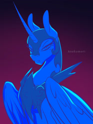 Size: 1280x1708 | Tagged: safe, artist:anekomori, imported from derpibooru, nightmare moon, alicorn, pony, digital art, eyelashes, feather, female, folded wings, helmet, horn, long horn, looking at you, mare, moonlight, night, peytral, purple background, signature, simple background, sketch, solo, vaporwave, wings