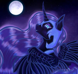 Size: 1280x1219 | Tagged: safe, artist:kittyheartlove, imported from derpibooru, nightmare moon, alicorn, pony, blue eyes, blue mane, colored pupils, curved horn, digital art, fangs, feather, female, flowing mane, helmet, horn, looking at you, mare, moon, moonlight, night, sky, smiling, solo, spread wings, stars, teeth, wings