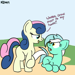 Size: 2000x2000 | Tagged: safe, artist:dafiltafish, imported from derpibooru, bon bon, lyra heartstrings, sweetie drops, pony, atg 2022, female, lesbian, lyrabon, newbie artist training grounds, shipping, speech bubble