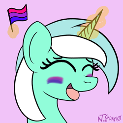 Size: 2000x2000 | Tagged: safe, artist:dafiltafish, imported from derpibooru, lyra heartstrings, pony, unicorn, atg 2022, bisexual, bisexual pride flag, bust, face paint, magic, newbie artist training grounds, pride, pride flag