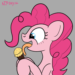 Size: 2000x2000 | Tagged: safe, artist:dafiltafish, imported from derpibooru, pinkie pie, earth pony, pony, atg 2022, food, gray background, ice cream, ice cream cone, licking, newbie artist training grounds, simple background, solo, tongue out