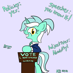 Size: 2000x2000 | Tagged: safe, artist:dafiltafish, imported from derpibooru, lyra heartstrings, pony, unicorn, atg 2022, creepy, creepy smile, grin, newbie artist training grounds, simple background, smiling, solo, text, vote