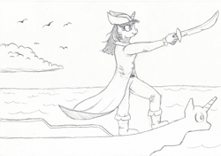 Size: 1187x837 | Tagged: safe, artist:friendshipishorses, imported from derpibooru, twilight sparkle, anthro, atg 2022, monochrome, newbie artist training grounds, solo, sword, traditional art, weapon