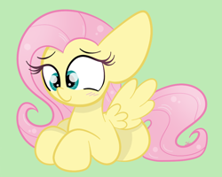 Size: 894x714 | Tagged: safe, artist:sugarcloud12, imported from derpibooru, fluttershy, pony, green background, lying down, palindrome get, prone, simple background, solo