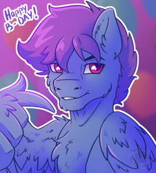 Size: 2262x2500 | Tagged: safe, artist:fkk, imported from derpibooru, oc, oc only, oc:windy dripper, pegasus, pony, birthday, bust, cheek fluff, chest fluff, chin fluff, colored pupils, ear fluff, eyebrows, feathered wings, folded wings, gift art, grin, high res, looking at you, male, partially open wings, smiling, smiling at you, solo, stallion, wing hands, wings
